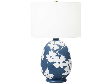 Visual Comfort Studio Lila Semi Matte Navy Blue White Linen Fabric Table Lamp