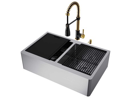 Vigo Oxford Stainless Steel 33" Rectangular Double-Bowl Flat-Front Farmhouse Kitchen Sink with Matte Black Brant Faucet