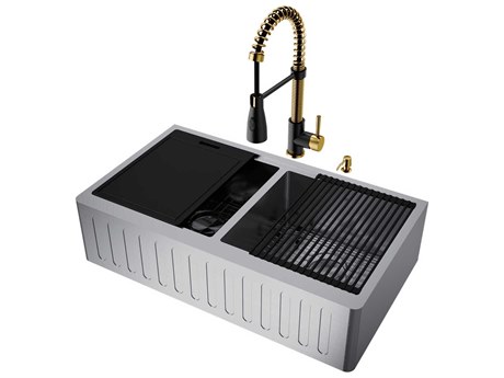 Vigo Oxford Stainless Steel 36" Rectangular Double-Bowl Farmhouse Kitchen Sink with Matte Gold / Matte Black Brant Faucet