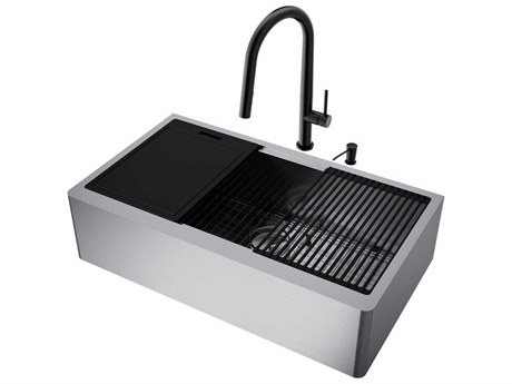 Vigo Oxford Stainless Steel 36" Rectangular Single-Bowl Undermount Flat-Front Farmhouse Kitchen Sink with Matte Black Pull-Down Sprayer Greenwich Faucet and Soap Dispenser