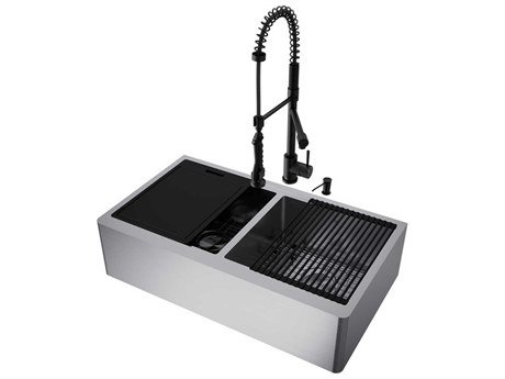 Vigo Oxford Stainless Steel 36" Rectangular Double-Bowl Undermount Flat-Front Farmhouse Kitchen Sink with Matte Black Pull-Down Sprayer Zurich Faucet and Soap Dispenser