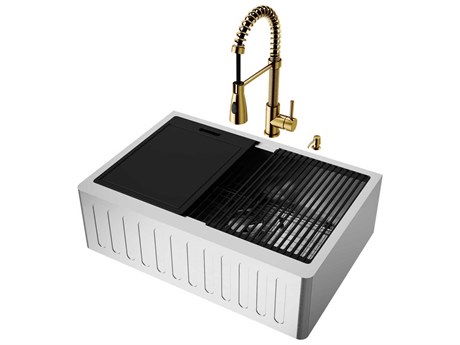 Vigo Oxford Stainless Steel 30" Rectangular Single-Bowl Undermount Slotted-Front Farmhouse Kitchen Sink with Matte Gold Pull-Down Sprayer Brant Faucet, Soap Dispenser and Grid