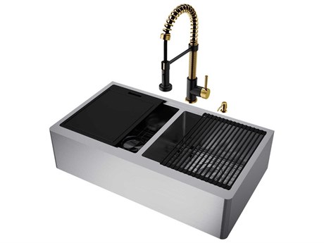 Vigo Oxford Stainless Steel 36" Rectangular Double-Bowl Farmhouse Kitchen Sink with Matte Gold / Matte Black Faucet