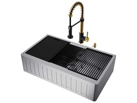 Vigo Oxford Stainless Steel 36" Rectangular Slotted-Front Farmhouse Kitchen Sink with Matte Gold / Matte Black Faucet