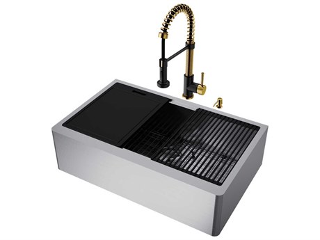 Vigo Oxford Stainless Steel 33" Rectangular Single-Bowl Farmhouse Kitchen Sink with Matte Gold / Matte Black Faucet