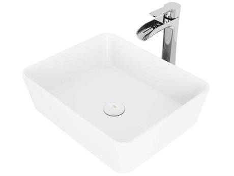 Vigo Marigold Matte White 18" Rectangular Vessel Bathroom Sink with Chrome 1-Lever Niko Faucet and Matte White Drain