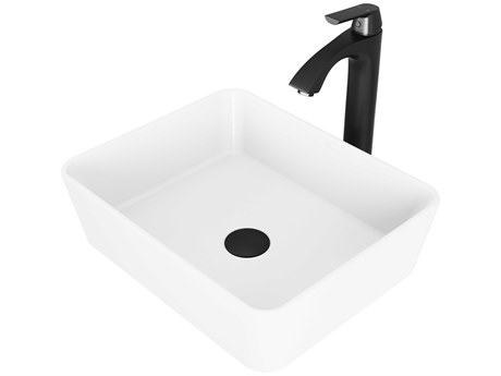 Vigo Marigold Matte White 18" Rectangular Vessel Bathroom Sink with Matte Black 1-Lever Linus Faucet and Drain