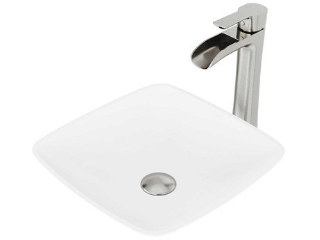 Vigo Hyacinth Matte White 14" Square Vessel Bathroom Sink with Brushed Nickel 1-Lever Niko Faucet and Drain