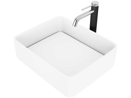 Vigo Jasmine Matte White 18" Rectangular Vessel Bathroom Sink with Chrome 1-Lever Lexington Faucet and Drain