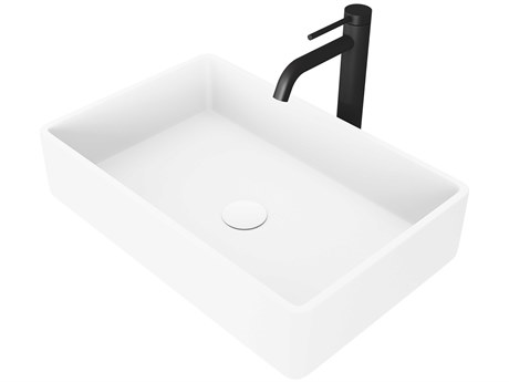 Vigo Magnolia Matte White 21" Rectangular Vessel Bathroom Sink with Matte Black 1-Lever Lexington Faucet and Drain
