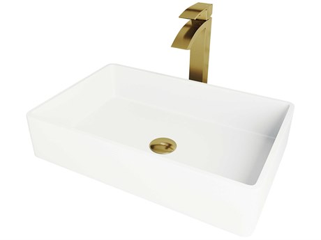 Vigo Magnolia Matte White 21" Rectangular Vessel Bathroom Sink with Matte Brushed Gold 1-Handle Duris Faucet and Pop-Up Drain