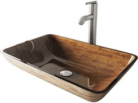 Vigo Amber Sunset Light Wood Brown 23" Rectangular Vessel Bathroom Sink with Brushed Nickel 1-Handle Seville Faucet and Drain