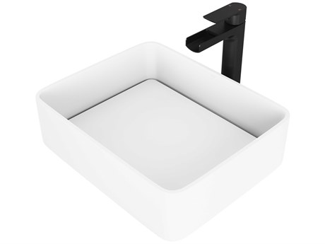 Vigo Jasmine Matte White 18" Rectangular Vessel Bathroom Sink with Matte Black 1-Handle Amada Faucet and Drain