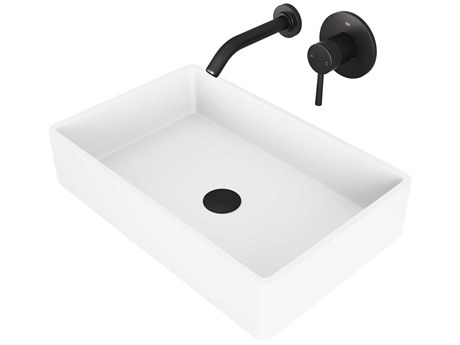 Vigo Magnolia Matte White 21" Rectangular Vessel Bathroom Sink with Matte Black Single-Handle Olus Wall-Mount Faucet and Drain
