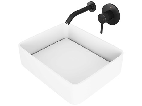Vigo Jasmine Matte White 18" Rectangular Vessel Bathroom Sink with Matte Black 1-Handle Olus Wall-Mount Faucet and Drain