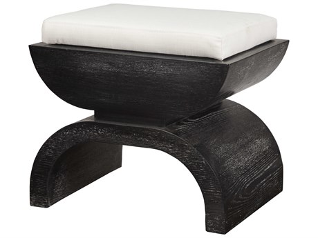 Worlds Away White Linen Black Cerused Upholstered Accent Stool
