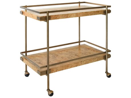 Worlds Away Brown Burl Wood Antique Brass Bar Cart