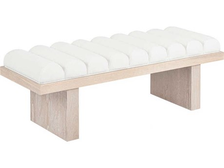 Worlds Away White Linen Cerused Oak Velvet Upholstered Accent Bench