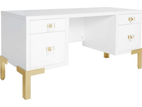 Worlds Away Polished Brass Matte White Lacquer Hardwood Secretary Desk