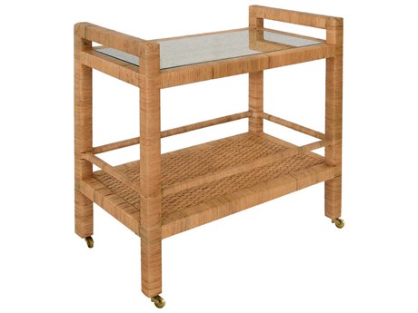 Worlds Away Glass Brown Natural Rattan Bar Cart