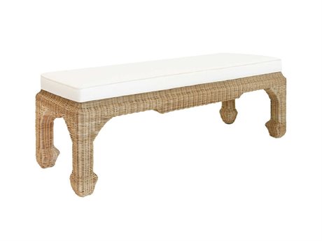 Worlds Away Ivory Linen Natural Rattan White Upholstered Accent Bench