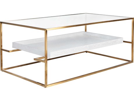 Worlds Away Rectangular Glass Antique Brass White Washed Oak Coffee Table