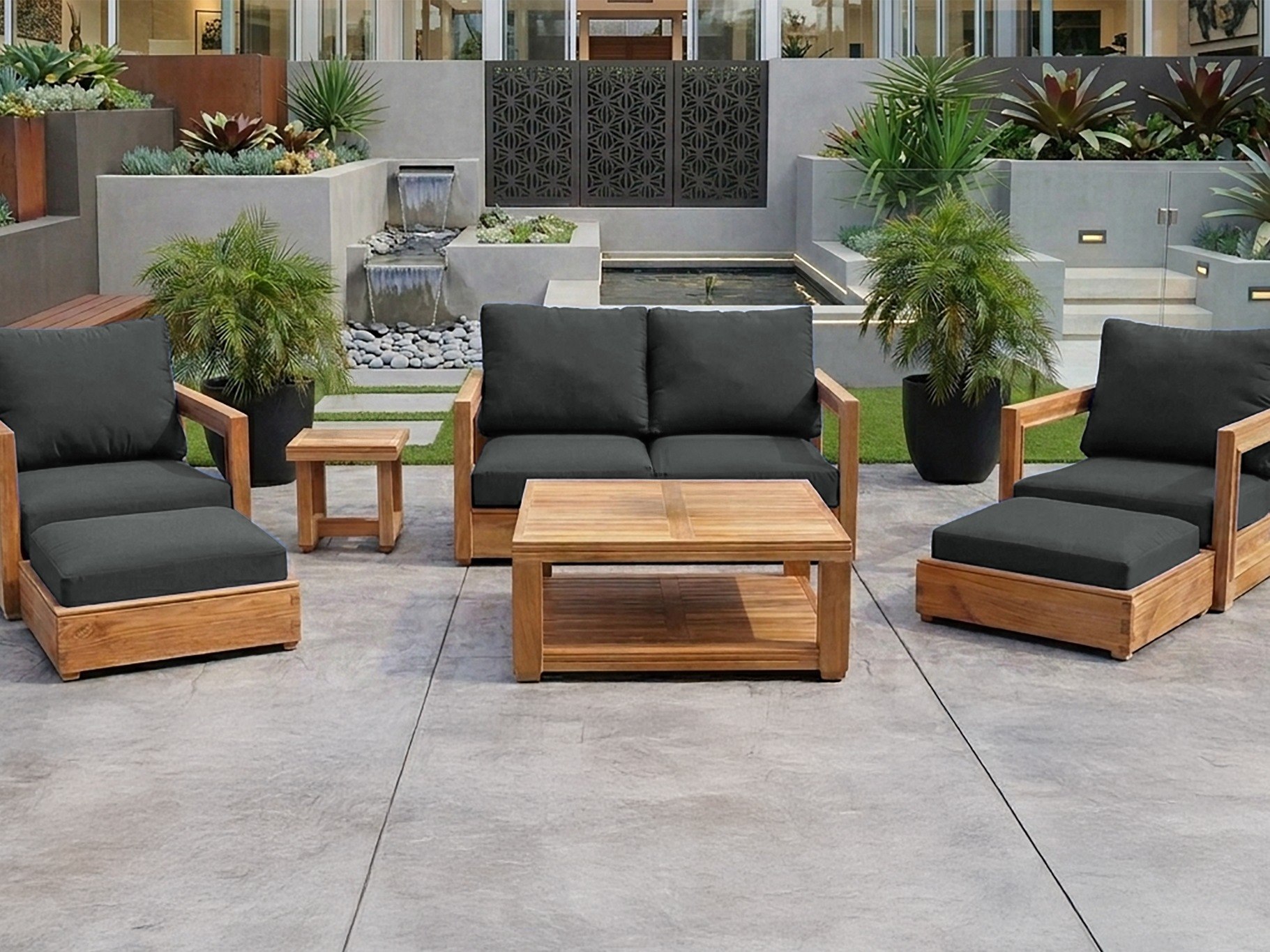 Willow Creek Designs 7 pc Chatsworth Teak Outdoor Loveseat Seating Set with Coffee Table