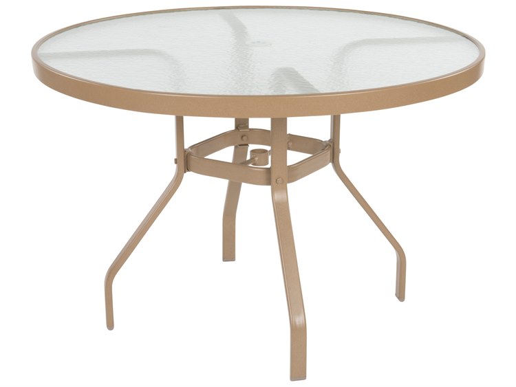Windward Design Group Glass Top Aluminum Round Outdoor Patio Dining Table with Umbrella Hole