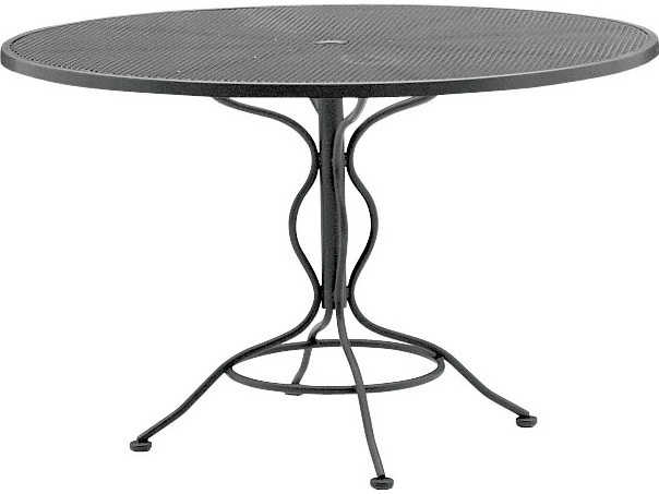 Woodard Wrought Iron Mesh 48 Wide Round Dining Table With Umbrella Hole Wr190137 - 48 In Round Wrought Iron Patio Dining Table