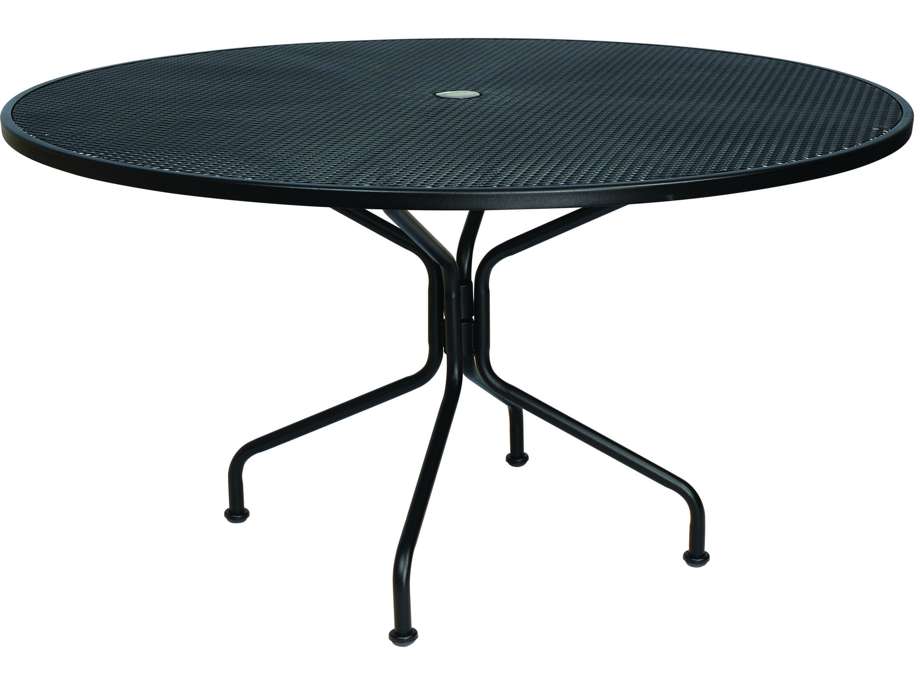 Woodard Wrought Iron Mesh 54 Wide, Round Patio Table With Umbrella Hole And Chairs