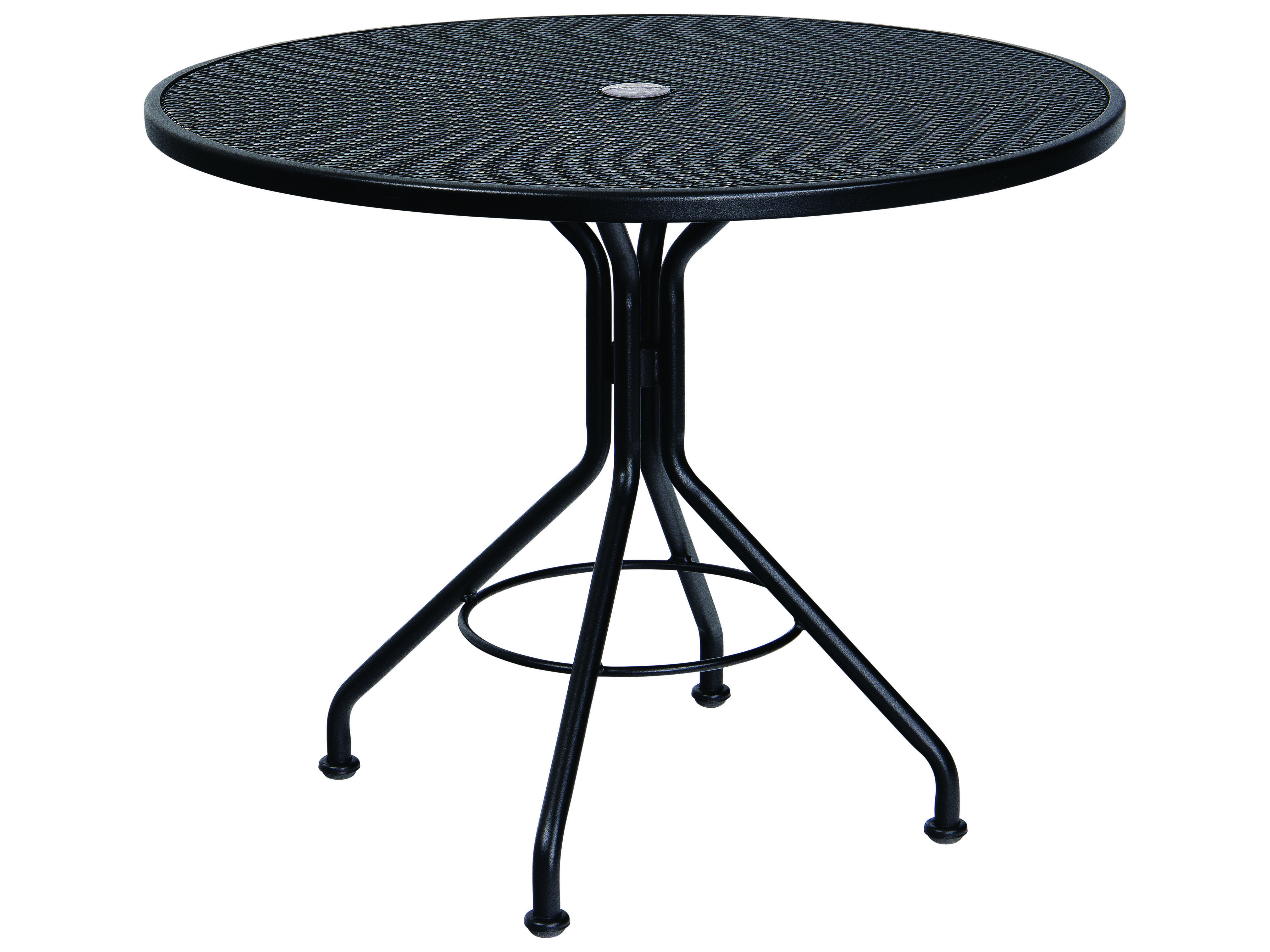 Woodard Wrought Iron Mesh 36 Wide, Round Patio Table With Umbrella Hole And Chairs