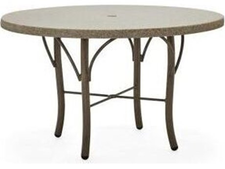Woodard Oatmeal Aluminum 48'' Round Fiberglass Dining Table with Umbrella Hole in Tribeca Base