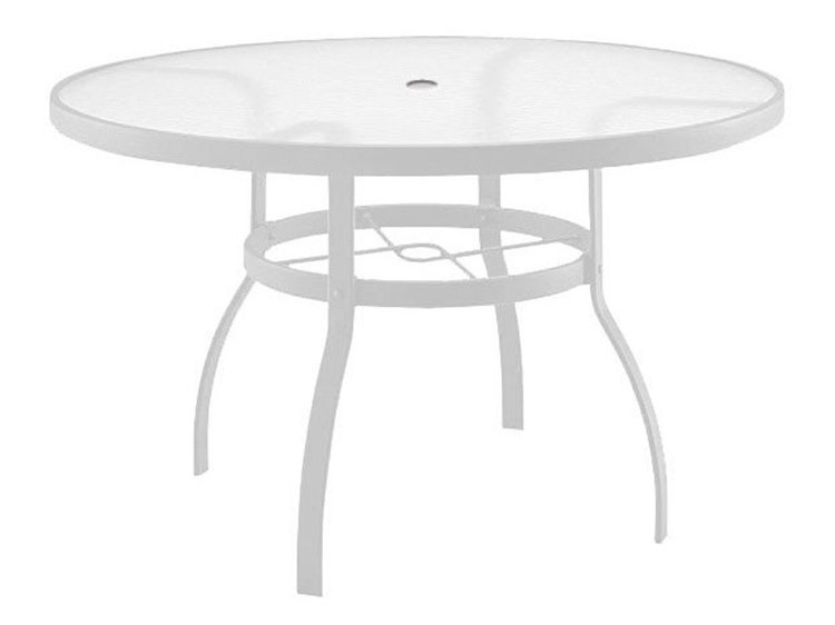 Woodard Deluxe Aluminum White 48 Round Acrylic Top Table with Umbrella ...