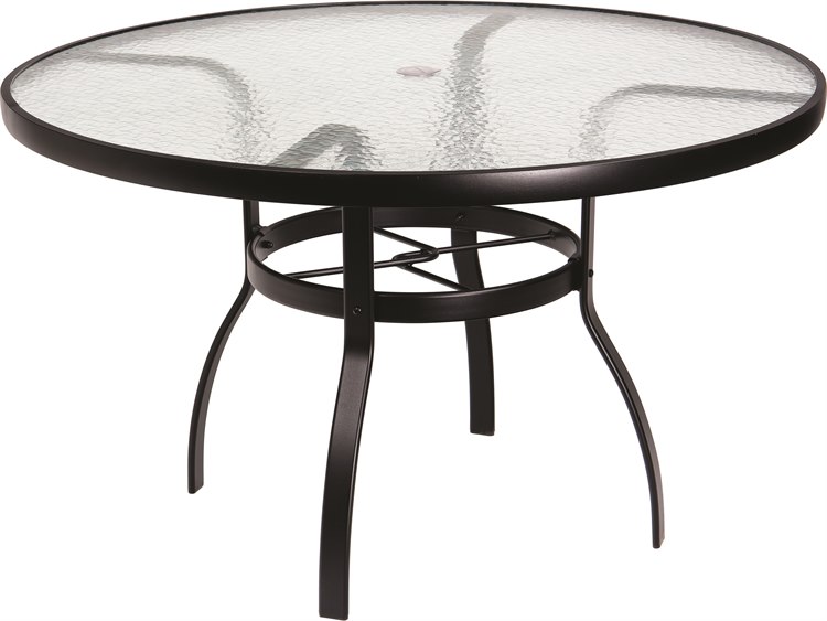 Woodard Aluminum Deluxe 48 Wide Round Obscure Glass Top Table With Umbrella Hole 826148w