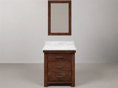 Water Creation Aberdeen Single Sink Carrara White Marble Countertop Bath Vanity in Rustic Sienna with Barn Door Style and Mirror