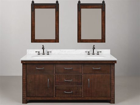 Water Creation Aberdeen White Marble Countertop Bath Vanity in Rustic Sienna with Oil Rubbed Bronze Hook Faucets and Barn Door Style Mirror