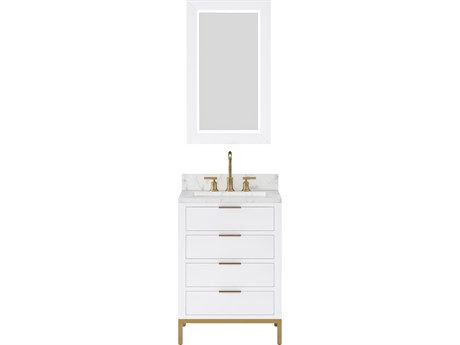 Water Creation Bristol Single Sink Carrara White Marble Countertop Bath Vanity in Pure White with Satin Gold Gooseneck Faucet and Rectangular Mirror (S)