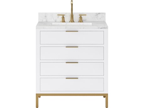 Water Creation Bristol Single Sink Carrara White Marble Countertop Bath Vanity in Pure White with Satin Gold Gooseneck Faucet
