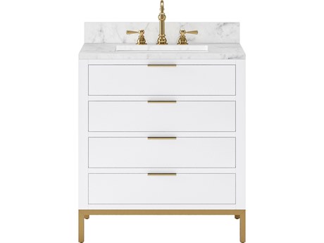 Water Creation Bristol Single Sink Carrara White Marble Countertop Bath Vanity in Pure White with Satin Gold Hook Faucet