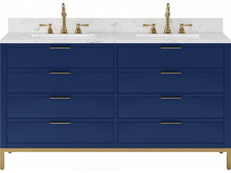 Water Creation Bristol Double Sink Carrara White Marble Countertop Bath Vanity in Monarch Blue with Satin Gold Hook Faucets