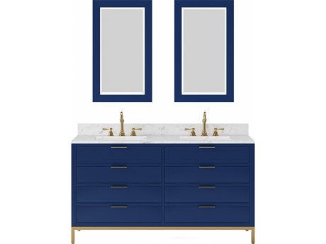 Water Creation Bristol Double Sink Carrara White Marble Countertop Bath Vanity in Monarch Blue with Satin Gold Hook Faucets and Rectangular Mirrors (S)