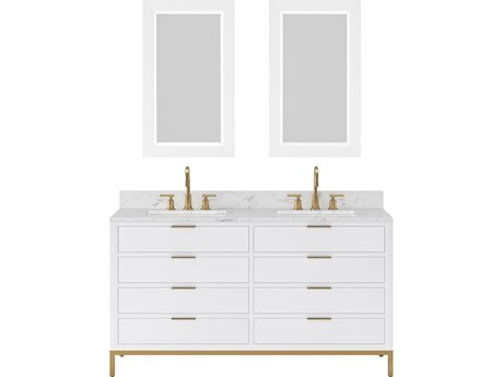 Water Creation Bristol Double Sink Carrara White Marble Countertop Bath Vanity in Pure White with Satin Gold Gooseneck Faucets and Rectangular Mirrors (S)