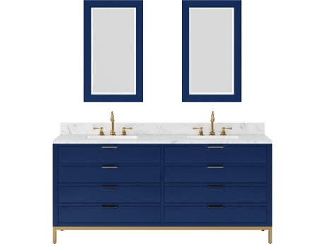 Water Creation Bristol Double Sink Carrara White Marble Countertop Bath Vanity in Monarch Blue with Rectangular Mirrors (S)