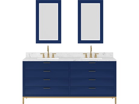 Double Sink Carrara White Marble Countertop Bath Vanity in Monarch Blue with Satin Gold Gooseneck Faucets and Rectangular Mirrors (S)Satin Gold Vanity