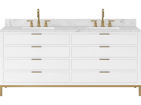 Water Creation Bristol Double Sink Carrara White Marble Countertop Bath Vanity in Pure White with Satin Gold Gooseneck Faucets