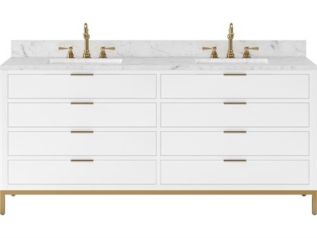 Water Creation Bristol Double Sink Carrara White Marble Countertop Bath Vanity in Pure White with Satin Gold Hook Faucets