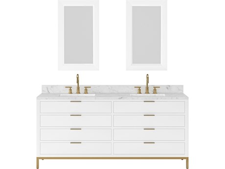 Water Creation Bristol  Double Sink Carrara White Marble Countertop Bath Vanity in Pure White with Satin Gold Gooseneck Faucets and Rectangular Mirrors (S)