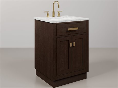 Water Creation Chestnut Single Sink Carrara White Marble Countertop Bath Vanity In Brown Oak with Satin Gold Hardware and Gooseneck Faucet