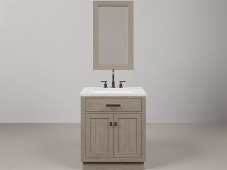Water Creation Chestnut Single Sink Carrara White Marble Countertop Bath Vanity In Grey Oak with Oil Rubbed Bronze Hardware, Gooseneck Faucet and Rectangular Mirror (S)