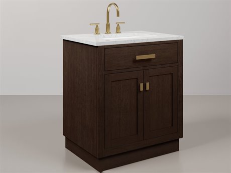 Water Creation Chestnut Single Sink Carrara White Marble Countertop Bath Vanity In Brown Oak with Satin Gold Hardware and Gooseneck Faucet